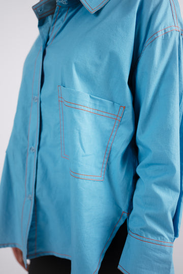 Chalk blue cotton oversized shirt with contrast thread detailing